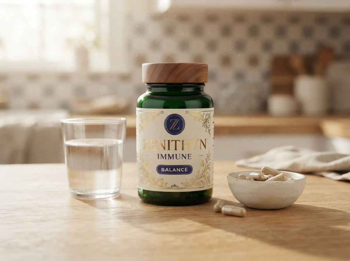 Zenithyn Immune capsule met water op een ochtendtafel